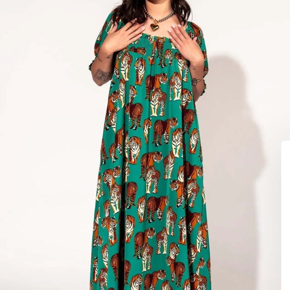Dressed in LALA Palm Springs tiger smocked dress